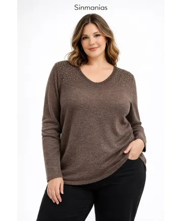 Camiseta marron strass - Camisetas y Tops Tallas Grandes