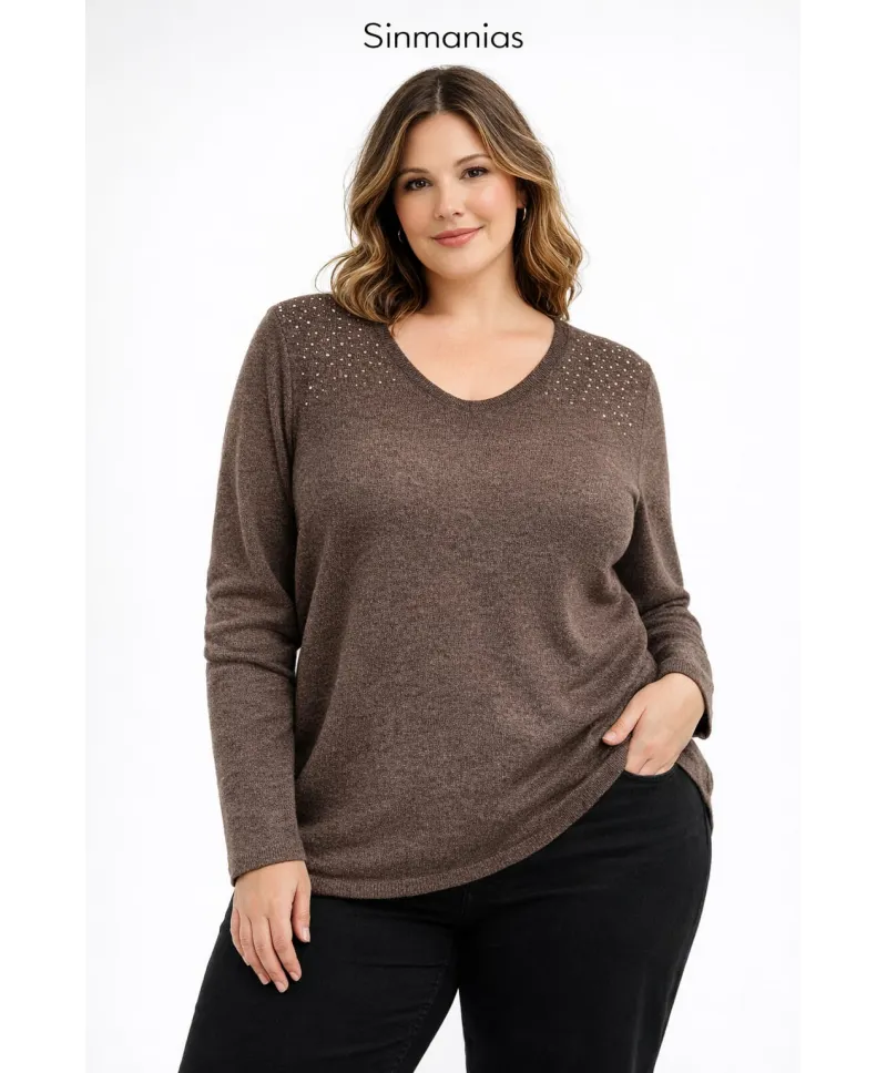 Camiseta marron strass - Camisetas y Tops Tallas Grandes