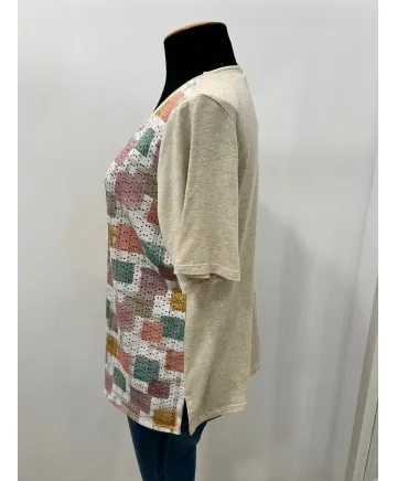Camiseta beige Cuadros - Ropa tallas grandes mujer moderna