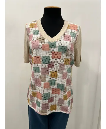 Camiseta beige Cuadros - Ropa tallas grandes mujer moderna
