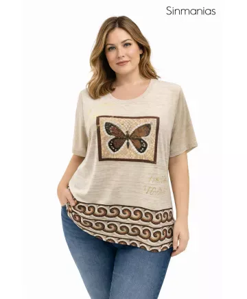 Camiseta beige Mariposa - Camisetas y Tops Tallas Grandes