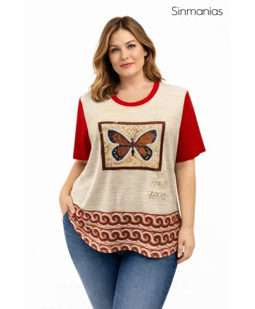 Camiseta roja Mariposa - Camisetas y Tops Tallas Grandes