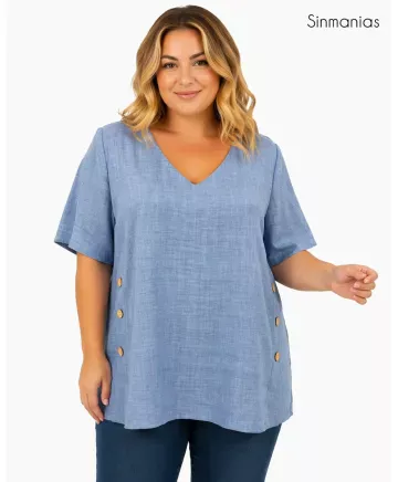 Blusa azul botones - Blusas Tallas Grandes