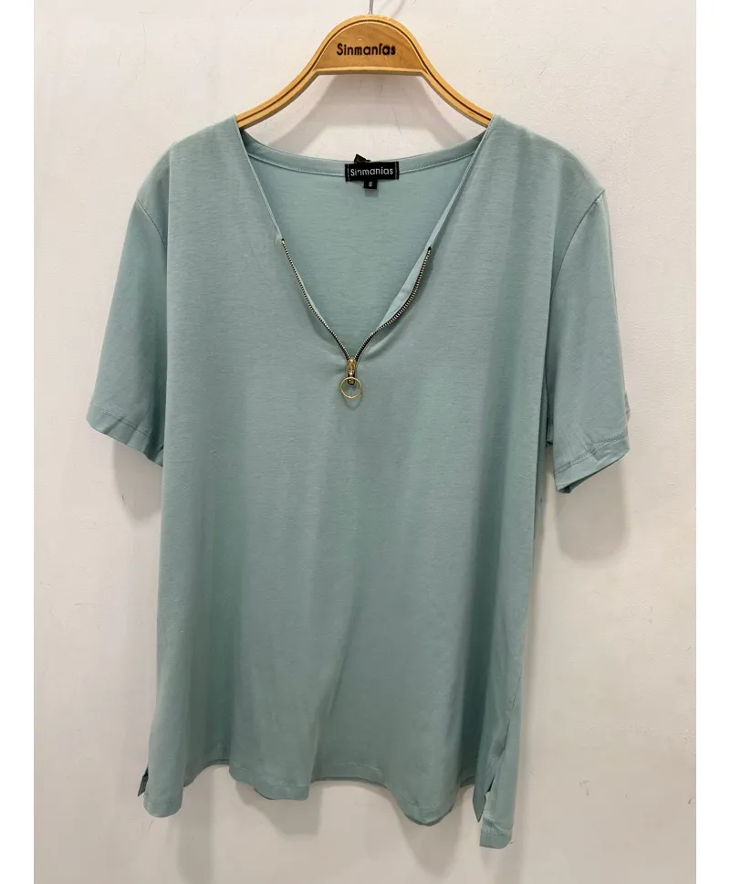 Camiseta verde Cremallera - Camisetas y Tops Tallas Grandes