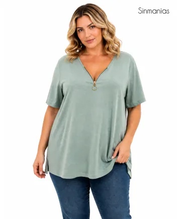 Camiseta verde Cremallera - Camisetas y Tops Tallas Grandes