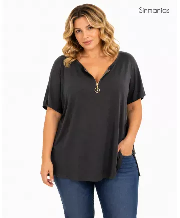 Camiseta negra Cremallera - Ropa tallas grandes mujer moderna