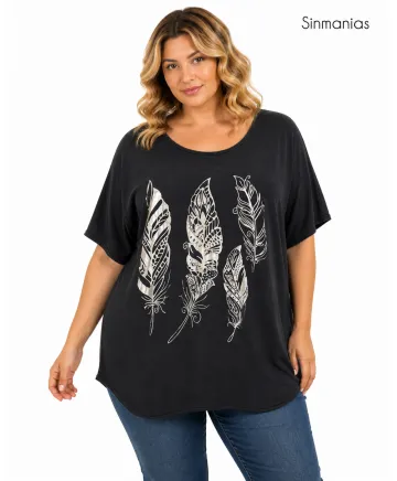 Camiseta estampada Pluma - Ropa tallas grandes mujer moderna