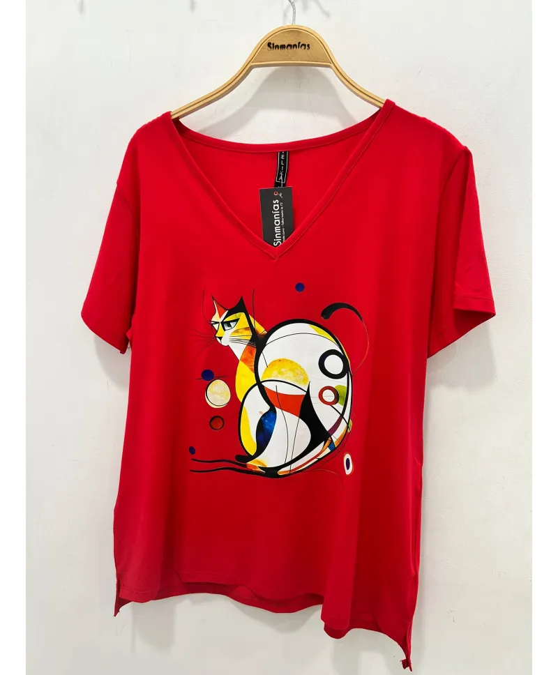Camiseta roja Cat - Camisetas y Tops Tallas Grandes
