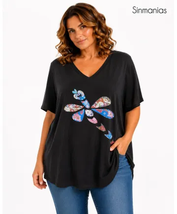 Camiseta negra Libelula - Camisetas y Tops Tallas Grandes