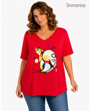 Camiseta roja Cat - Camisetas y Tops Tallas Grandes