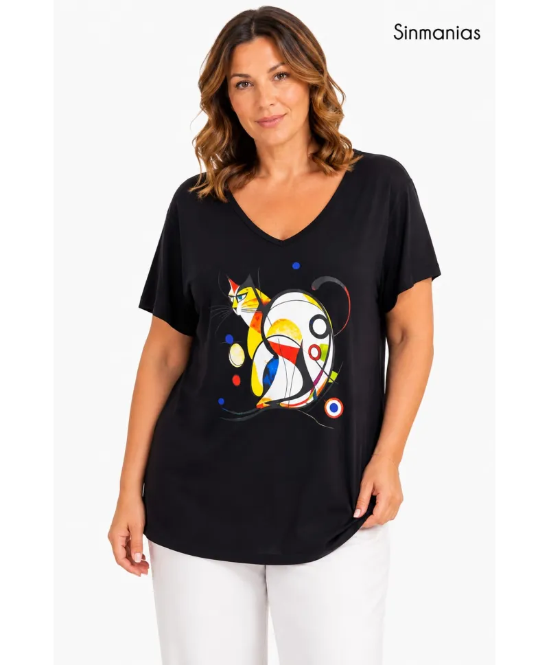 Camiseta negra Cat - Camisetas y Tops Tallas Grandes