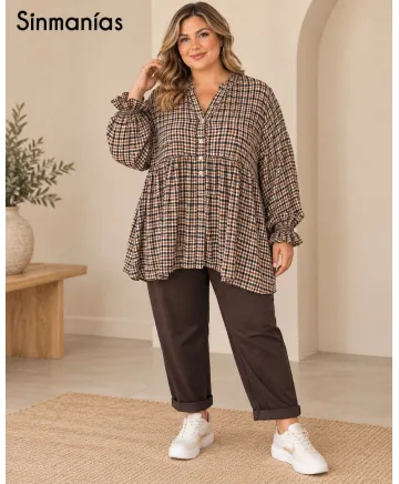 Blusa cuadritos Mao - Blusas Tallas Grandes