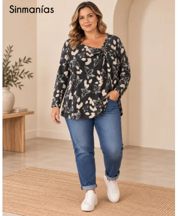 Camiseta fruncido Hojas - Camisetas y Tops Tallas Grandes